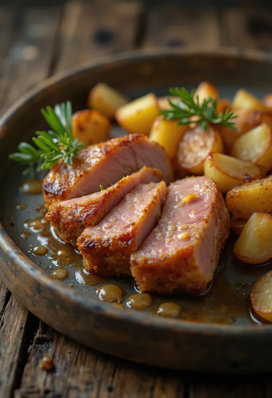 Lomo ahumado con papas al horno servido