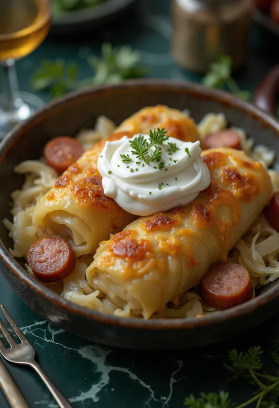 Rollos de repollo rellenos estilo húngaro servidos con crema ácida
