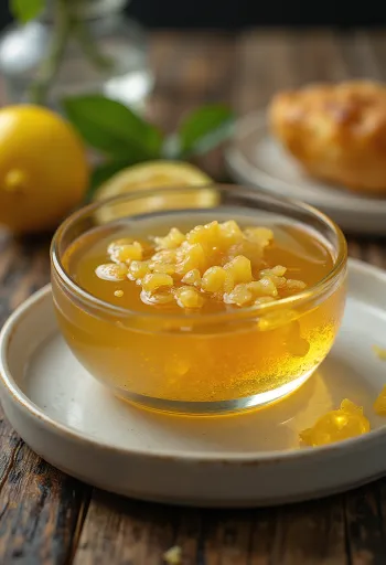 Glaseado de miel, limón y jengibre en un tazón, decorado con rodajas de limón y jengibre.