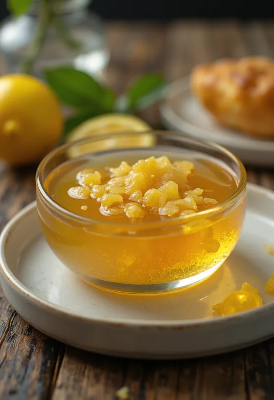 Glaseado de miel, limón y jengibre en un tazón, decorado con rodajas de limón y jengibre.