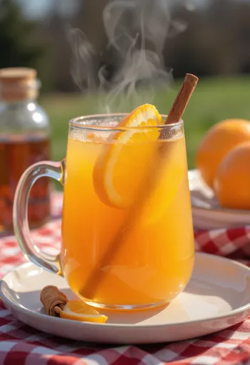 Ponche de miel y naranja bebida caliente decorada con rodaja de naranja y canela
