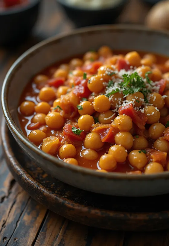 Estofado de garbanzos con tomate servido
