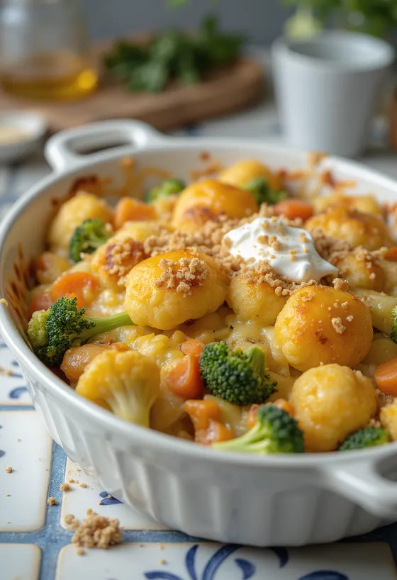 Verduras gratinadas al horno, con salsa cremosa y queso fundido encima