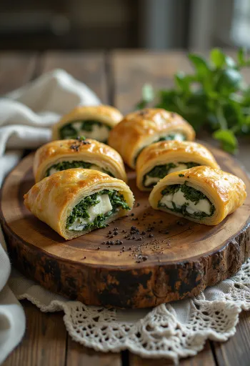 Strudel de espinacas con queso feta recién horneado, con masa crujiente
