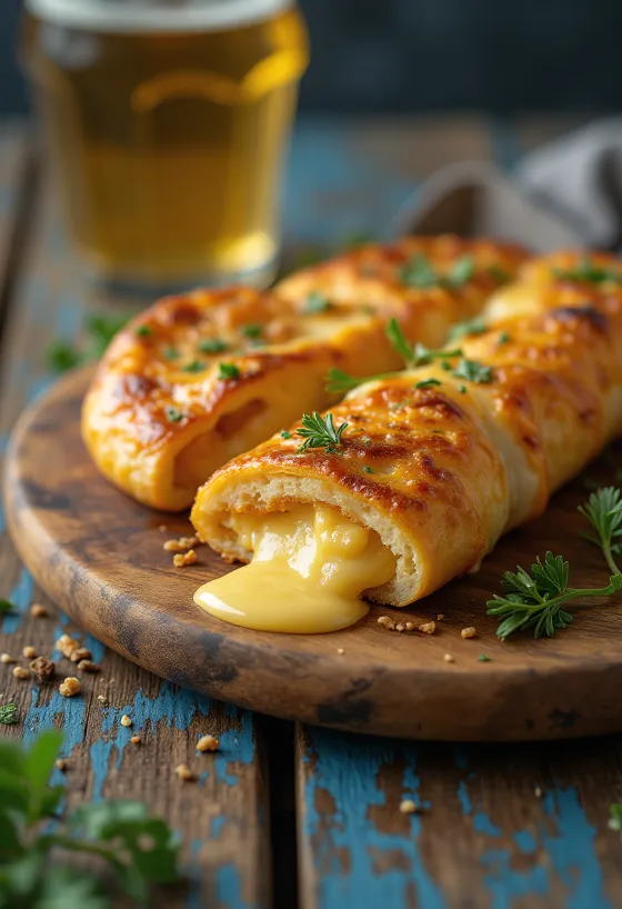 Stromboli servido con queso ahumado, rico queso ahumado encima, crujiente por fuera y suave por dentro.
