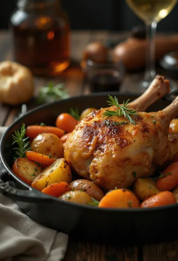 Pierna de pato rostizada con piel crujiente y verduras