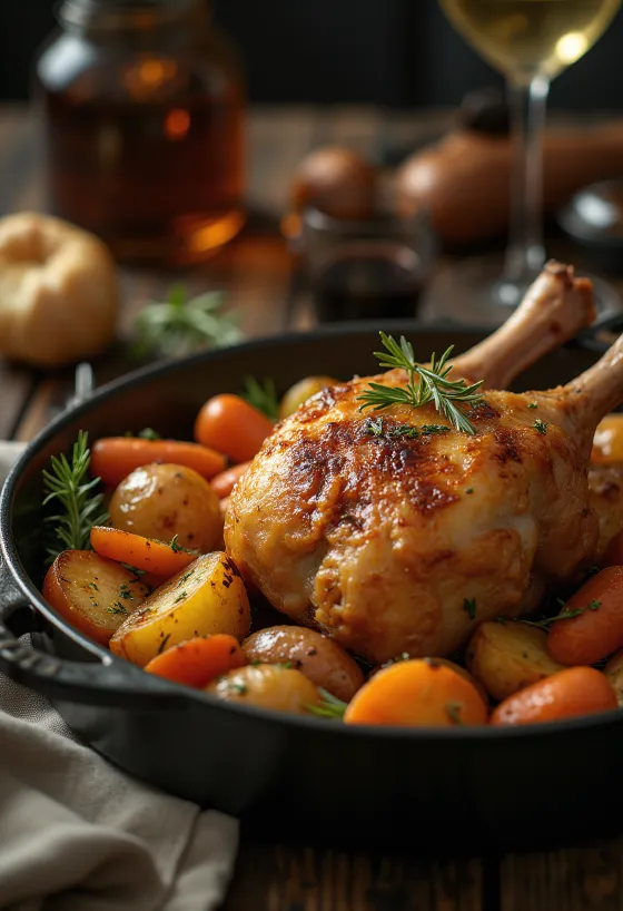 Pierna de pato rostizada con piel crujiente y verduras