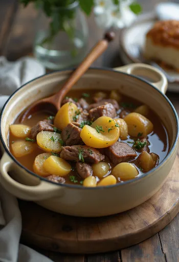 Baeckeoffe estofado francés de carne con vino servido