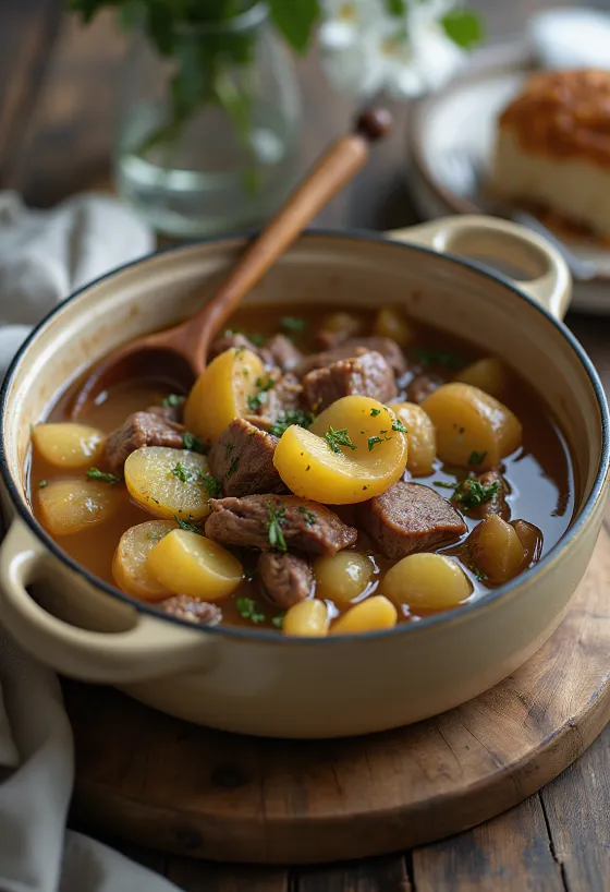 Baeckeoffe estofado francés de carne con vino servido