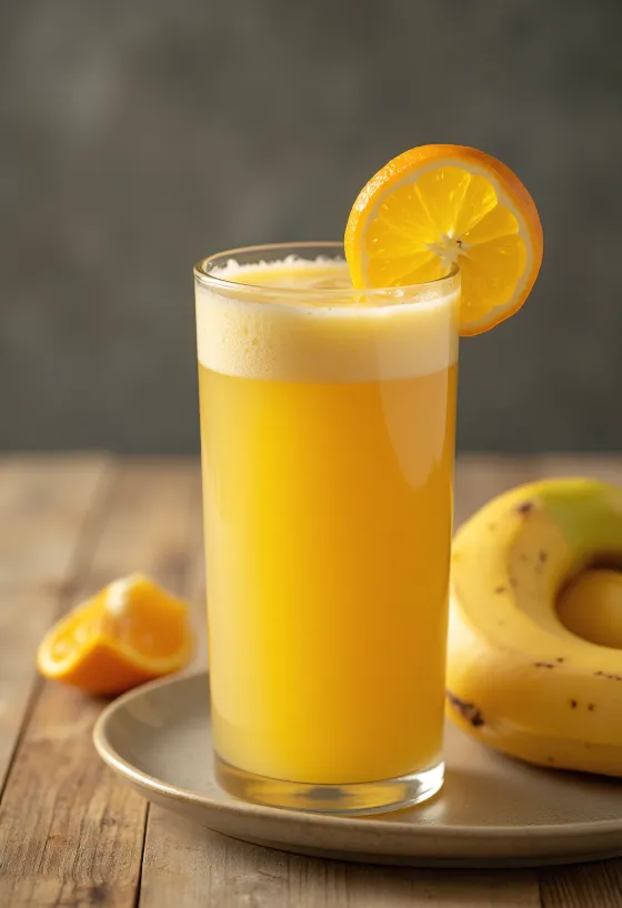 Jugo de naranja con plátano cremoso en vaso con rodaja de naranja