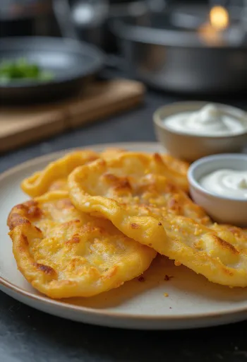 Lángos de papa dorado frito servido con crema de ajo y queso rallado.