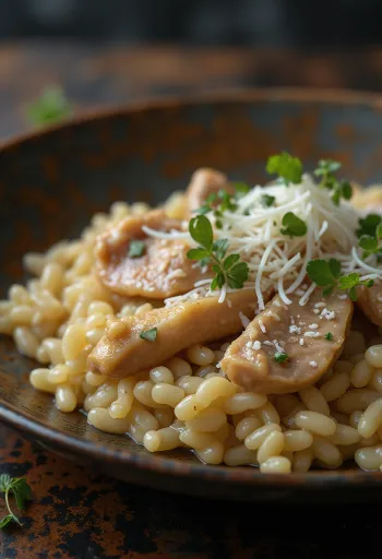 Risotto de hígado de pollo servido con parmesano y perejil
