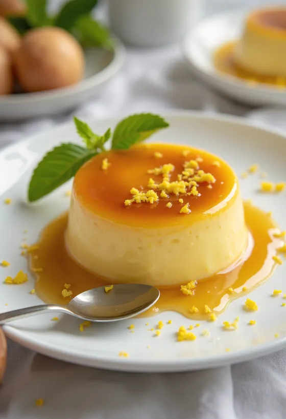 Flan de limón, servido con salsa de caramelo