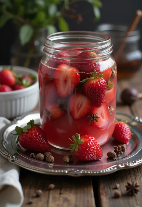 Fresas encurtidas especiadas servidas en frasco