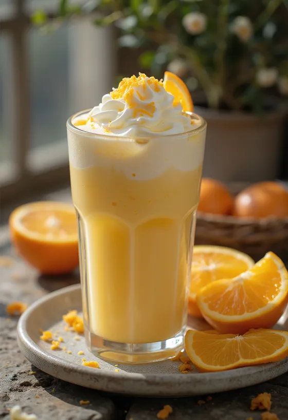 Frappé de naranja y vainilla bebida cremosa de café decorada con crema batida y ralladura de naranja
