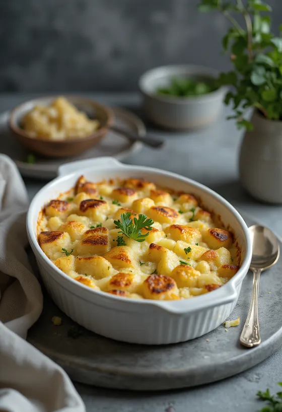Pastel de papa con requesón y poro espolvoreado con perejil fresco, capas doradas al horno
