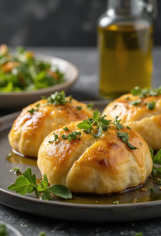 Stromboli servido con aceite de oliva especiado, rico aceite especiado, crujiente por fuera y suave por dentro.