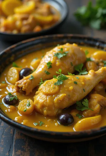 Pollo en tagine con limones en conserva servido en un tagine tradicional