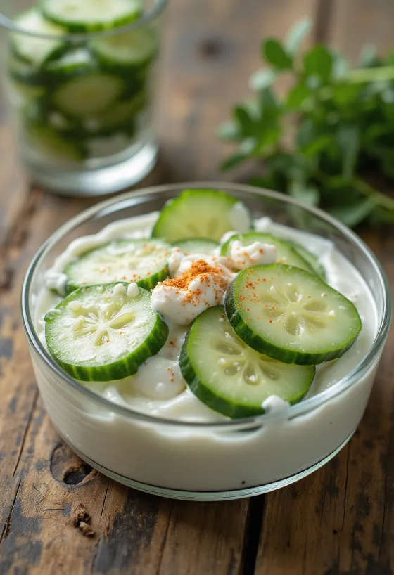 Ensalada fresca de pepino con crema, ajo y pimentón, servida en tazón blanco.