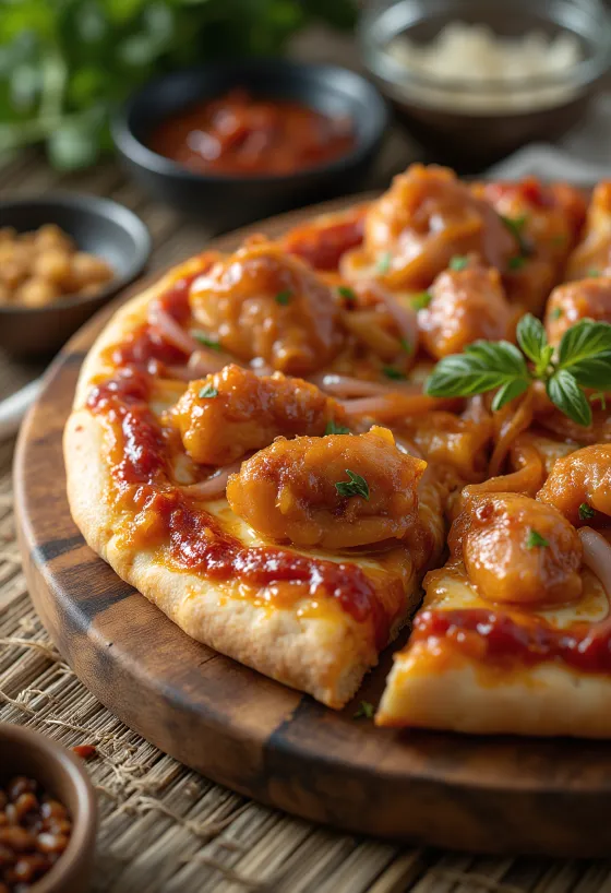 Pizza de pollo barbecue con pollo a la parrilla y cebolla morada