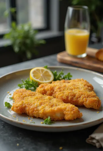 Milanesa vienesa crujiente servida con limón y papas al perejil
