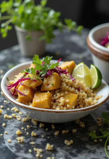 Curry de Quinoa con Tofu al Limón y Betabel servido