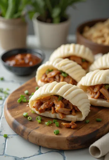 Baozi chino al vapor con carne de pato asada, relleno de salsa hoisin, servido en vaporera de bambú