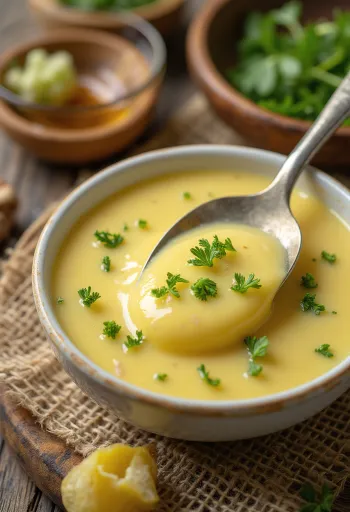 Salsa de mostaza y miel con eneldo en un tazón, servida con eneldo fresco y limón.