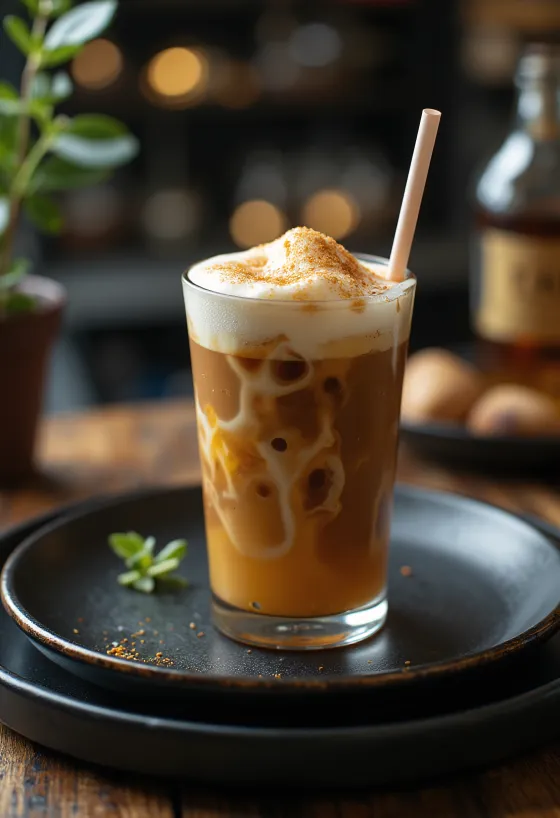 Frappé de miel y ron bebida cremosa de café decorada con crema batida y canela