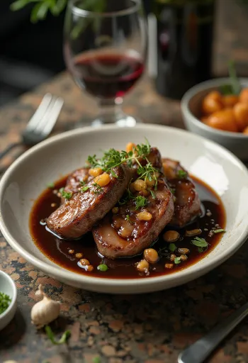 Carne de res asada en salsa especiada, servida con romero