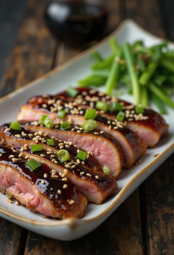 Pato Teriyaki, pechuga de pato estilo japonés con salsa y ajonjolí