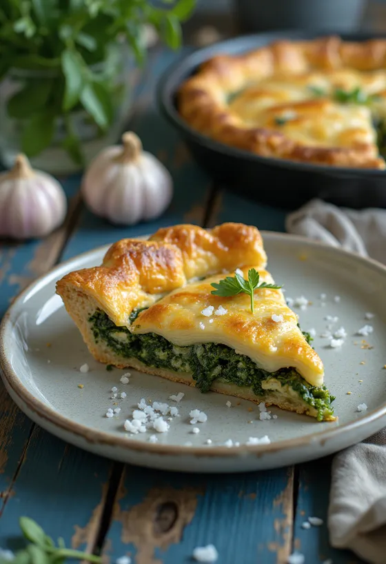 Tarta salada vegana con relleno de espinaca, recién horneada.