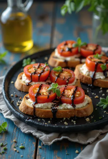 Bruschetta con jitomate, queso de cabra y albahaca fresca servida.