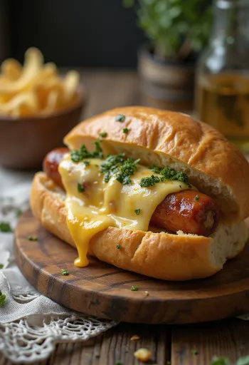 Choripán con queso, servido con cilantro fresco y baguette tostado