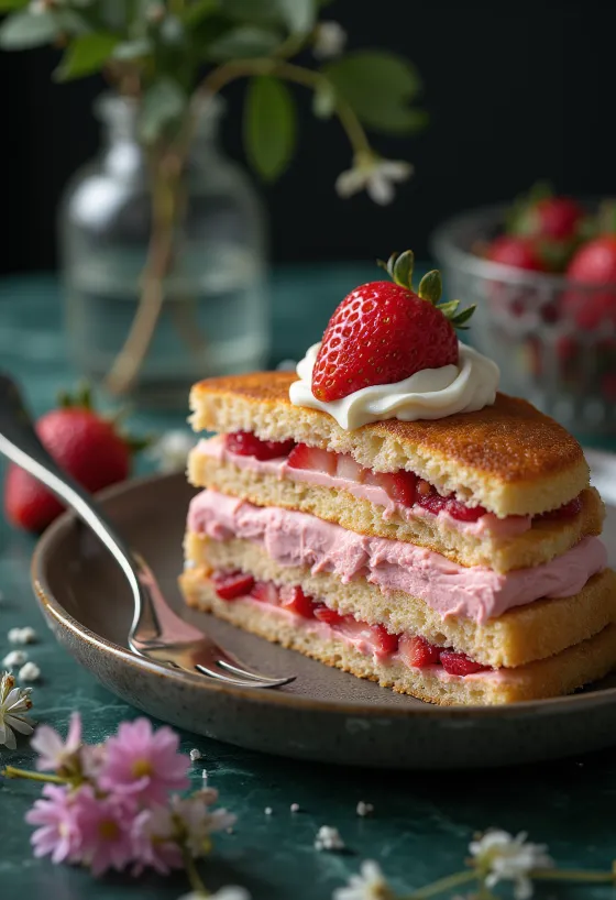 Pastel relleno de crema de fresa decorado con fresas frescas