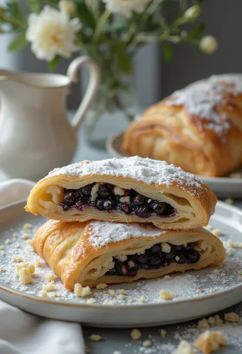 Strudel de amapola recién horneado con masa crujiente, cortado en rebanadas y espolvoreado con azúcar glass.