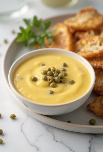 Salsa de mostaza y miel con alcaparras en un tazón, decorada con alcaparras y perejil fresco.