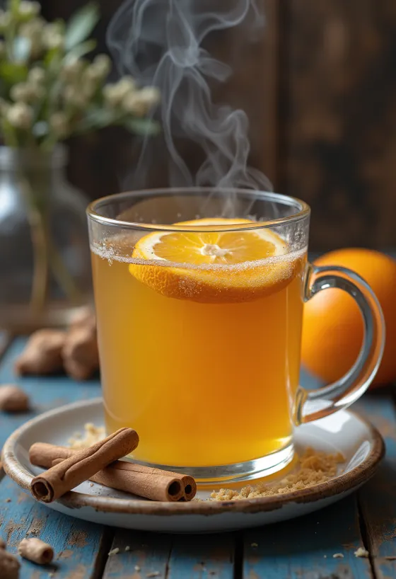 Ponche de naranja y clavo bebida caliente decorada con rodaja de naranja y canela