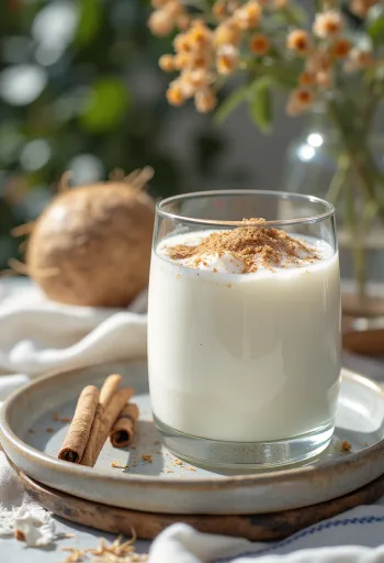 Kéfir de coco y canela en vaso, bebida cremosa clara espolvoreada con coco y canela