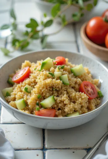 Ensalada de quinoa con aderezo de tahini servida