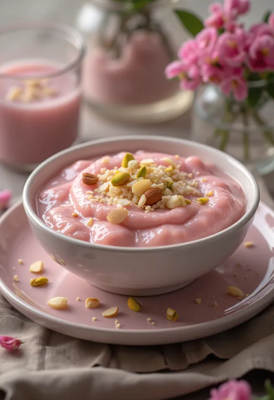 Postre Kheer de rosas decorado con almendra y pistache