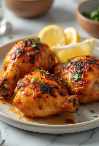 Pollo Tandoori horneado en marinada de yogur, servido con hierbas frescas