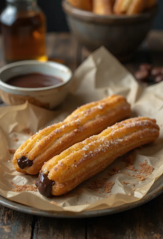 Churro relleno de exterior dorado y crujiente servido con crema de chocolate