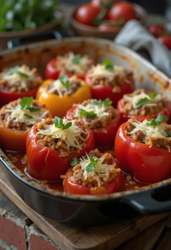 Pimientos rellenos con carne molida servidos