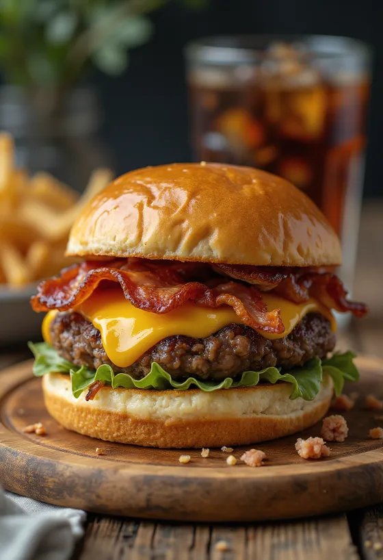 Hamburguesa con tocino y queso servida