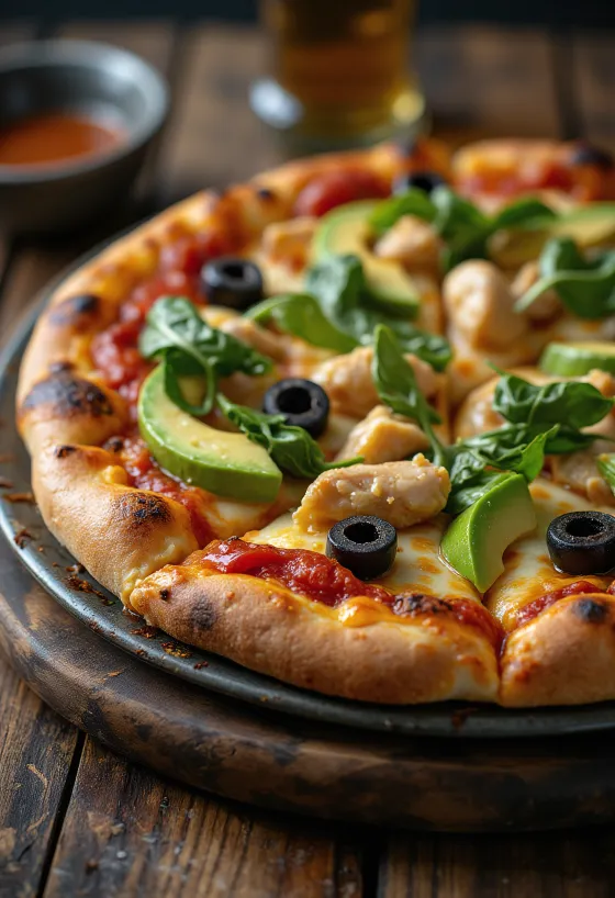 Pizza California con aguacate fresco, pechuga de pollo y espinaca