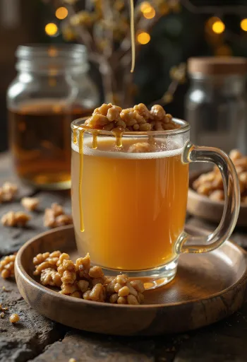 Sidra de caramelo y nuez servida en vaso