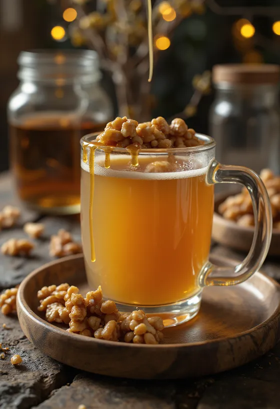 Sidra de caramelo y nuez servida en vaso