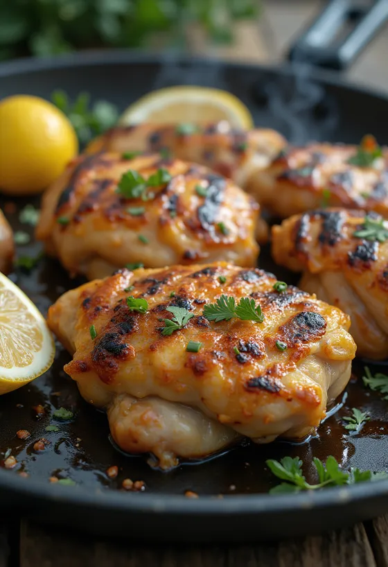 Muslos de pollo al grill servidos