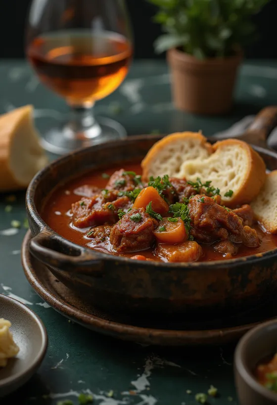 Estofado de res con cubos de carne jugosos en salsa de pimentón